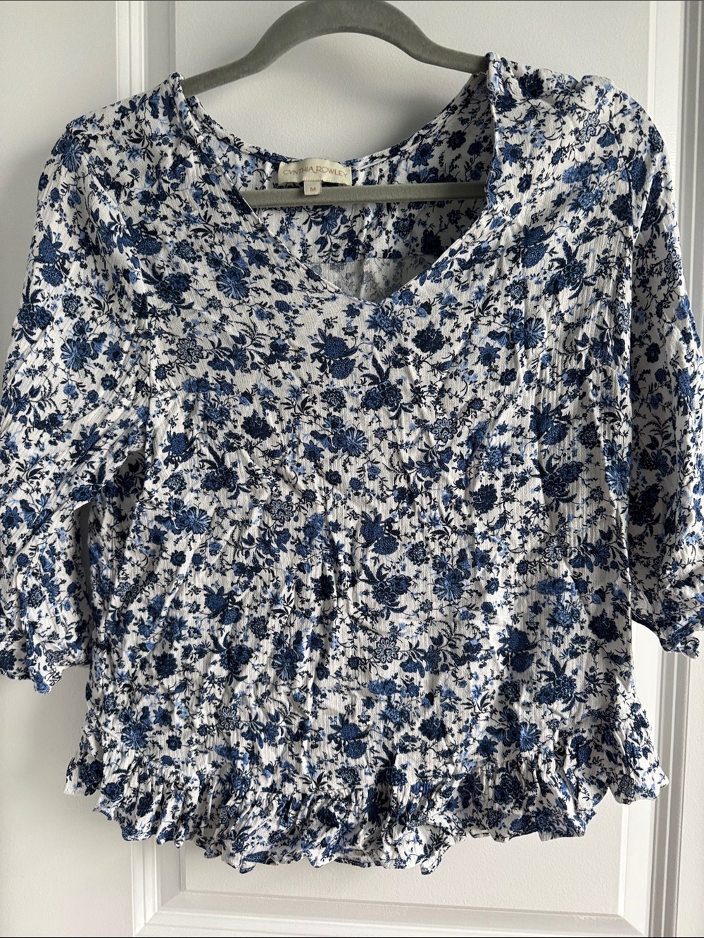 Cynthia Rowley White and Blue Floral Smocked V-Neck Blouse
